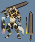  2022 anthro armor blue_background breastplate canid canine canis claws clothing digitigrade elden_ring finger_claws fromsoftware fur furgonomics gauntlets gloves gorget greatsword greaves hair handwear headgear helmet hi_res holding_object holding_sword holding_weapon mammal melee_weapon midriff model_sheet neverneverland pauldron paws simple_background smile smirk solo standing sword toe_claws video_games weapon white_body white_fur white_hair wolf 