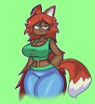  absurd_res animal_humanoid belt belt_buckle big_breasts blue_bottomwear blue_clothing blue_pants bottomwear breasts brown_eyes canid canid_humanoid canine canine_humanoid cleavage clothed clothing curvy_figure dark_body dark_skin dipstick_tail fangs female fox_humanoid freckles green_clothing green_shirt green_topwear hair hand_on_hip hi_res humanoid long_hair looking_at_viewer mammal mammal_humanoid markings narrowed_eyes natural_breasts pants red_hair shirt sketchylimesliv solo tail_markings terraria thick_thighs topwear wide_hips zoologist_(terraria) 