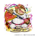  2022 anthro baseball_uniform black_nose bottomwear brown_body brown_fur clothing eyes_closed flag fur humanoid_hands japanese_text kemono kinoshita-jiroh male mammal overweight overweight_male pants saigou_shirou sengoku_puzzle shirt solo sportswear text topwear uniform ursid video_games 