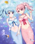  2girls aqua_hair arms_behind_back bang_dream! bangs bow breasts clam_shell cleavage collarbone commentary_request fish hair_bow hair_ribbon highres jewelry long_hair looking_at_viewer maruyama_aya matsubara_kanon mermaid monster_girl monsterification multiple_girls navel necklace ocean pearl_necklace pink_eyes pink_hair purple_eyes ribbon scales shira_yu_ki side_ponytail sidelocks simple_background sleeveless smile spaghetti_strap stomach underwater 