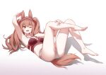  1girl ;d angelina_(arknights) animal_ears arknights arm_up armpits bare_legs bare_shoulders barefoot bikini blush breasts brown_hair fox_ears fox_girl fox_tail full_body hairband hand_on_own_leg highres legs_up long_hair looking_at_viewer lying medium_breasts mismatched_bikini on_back one_eye_closed open_mouth red_bikini red_eyes red_hairband sidelocks simple_background smile solo swimsuit tail twintails white_background white_bikini 