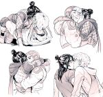  2girls absurdres apex_legends bangs bodysuit closed_eyes gloves greyscale hair_behind_ear hair_bun highres hood hooded_jacket hoodie hug jacket jelart kiss kissing_cheek lightning_bolt_symbol monochrome multiple_girls parted_lips scar scar_on_cheek scar_on_face short_hair smile wattson_(apex_legends) white_background wraith_(apex_legends) yuri 