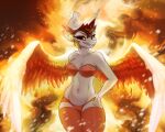  2022 anthro anthrofied bra clothing crown daybreaker_(mlp) equid equine eyelashes feathered_wings feathers female fingers fire flaming_hair friendship_is_magic hasbro hi_res horn inner_ear_fluff kennzeichen leggings legwear mammal my_little_pony navel panties pseudo_hair red_sclera sharp_teeth smile solo spread_wings teeth tuft underwear white_body white_skin winged_unicorn wings yellow_eyes 