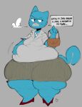  2018 anthro belly belly_grab big_belly blue_body bodily_fluids bottomwear boxmingle breath breath_cloud cartoon_network clothed clothing colored dialogue domestic_cat english_text eyelashes felid feline felis female footwear fully_clothed gem grey_background grey_bottomwear grey_clothing grey_skirt grumpy holding_object holding_purse huge_thighs jewelry looking_aside mammal markings mary_senicourt mature_anthro mature_female motion_outline necklace obese obese_anthro obese_female overweight overweight_anthro overweight_female pearl_(gem) pearl_necklace purse red_clothing red_footwear red_shoes shirt shoes simple_background skirt solo standing sweat sweatdrop text the-anonymous88 the_amazing_world_of_gumball thick_thighs topwear whisker_markings white_clothing white_shirt white_topwear 