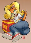  activision anthro breasts butt camel_toe clothing coco_bandicoot crash_bandicoot_(series) crate explosives female fur hi_res looking_at_viewer onzeno overalls sharp_teeth shirt smile smirk solo teeth tnt topwear under_boob video_games 