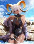  animal_ears arknights bangs black_swimsuit breasts carnelian_(arknights) carnelian_(shining_dew)_(arknights) cleavage clothing_cutout dark-skinned_female dark_skin goat_ears goat_girl goat_horns highres horn_ornament horns jewelry large_breasts looking_at_viewer navel navel_cutout necklace one-piece_swimsuit partially_submerged red_eyes shawl short_hair sitting smitcuk swimsuit 