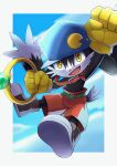  1boy :d animal_ears arm_up black_fur blue_headwear blue_sky body_fur border cabbie_hat clenched_hands cloud collar commentary_request day full_body furry furry_male gem gloves green_belt green_gemstone happy hat highres holding jewelry kaze_no_klonoa klonoa looking_at_viewer male_focus open_mouth outdoors outside_border red_collar red_shorts ring shoes shorts sky smile solo tail topless_male two-tone_fur watagashikn white_border white_fur yellow_eyes yellow_gloves 