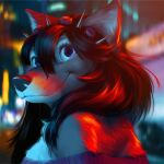  1:1 2021 anthro black_hair black_nose blue_eyes blurred_background breasts canid canine canis clothed clothing detailed_background digital_media_(artwork) domestic_dog female fur hair hi_res mammal night outside smile solo waynlag 
