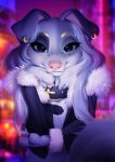  2021 absurd_res anthro blue_eyes blurred_background canid canine canis clothed clothing collar digital_media_(artwork) domestic_dog ear_piercing ear_ring female fur hi_res mammal piercing pink_nose ring_piercing smile waynlag white_body white_fur 