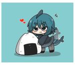  +++ 1girl :t afterimage bangs black_footwear black_hair black_hoodie blue_background blue_hair blush chibi closed_mouth commentary_request eating food fuka-chan full_body grey_legwear grey_skirt hair_between_eyes heart highres hood hood_down hoodie looking_at_viewer master_sgt_mine onigiri original pantyhose shadow shoes short_eyebrows simple_background skirt solo speed_lines standing tail tail_wagging thick_eyebrows wavy_mouth 