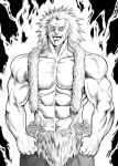  1boy aura fur_scarf greyscale highres hunter_x_hunter male_focus monochrome muscular muscular_male navel open_mouth sideburns smile solo spiked_hair topless_male upper_body uvogin yasuaki 