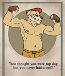  alternate_version_at_source anthro bulldog canid canine canis card clothing cuphead_(character) cuphead_(game) domestic_dog fighter_pilot_bulldog flexing gloves handwear hi_res lewd_latte male mammal mastiff molosser shirtless simple_background smile smirk solo video_games 
