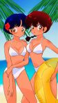  2girls beach bikini blue_hair breasts earrings flower flower_on_head highres jewelry legs multiple_girls plant punch121ykk ranma-chan ranma_1/2 red_flower red_hair sand short_hair sky swimsuit takahashi_rumiko_(style) tendou_akane tongue tongue_out water white_bikini 