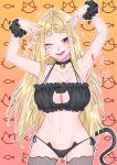  1girl absurdres ass_visible_through_thighs bell black_bra black_choker black_panties black_thighhighs blonde_hair blush bra breasts cat_cutout choker cleavage clothing_cutout collarbone dosanko_gyaru_wa_namaramenkoi drawn_whiskers fuyuki_minami hair_behind_ear heart highres ikada_kai large_breasts long_hair neck_bell one_eye_closed panties purple_eyes solo thighhighs tongue tongue_out underwear v very_long_hair 