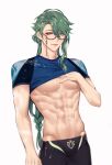  1boy abs baizhu_(genshin_impact) bangs genshin_impact green_hair highres long_hair male_swimwear muscular muscular_male pants rourouki swim_trunks swimsuit wet yellow_eyes 