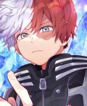  1boy blue_eyes boku_no_hero_academia burn_scar commentary_request heterochromia highres ice looking_at_viewer male_focus morino_(ktdk_0141) multicolored_hair parted_lips red_hair scar scar_on_face short_hair solo split-color_hair todoroki_shouto two-tone_hair white_hair 