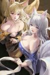  2girls absurdres animal_ears bare_shoulders blonde_hair blue_eyes blush breast_hold breasts cleavage covering covering_breasts embarrassed fang floral_print fox_ears hair_between_eyes hand_up highres holding japanese_clothes kimono large_breasts lillly long_hair looking_at_viewer multiple_girls multiple_tails off_shoulder open_mouth original red_eyes smile tail white_hair wide_sleeves 