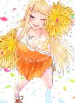  1girl blonde_hair blush breasts cheerleader collarbone dosanko_gyaru_wa_namaramenkoi from_above fuyuki_minami hair_ornament hairclip highres ikada_kai jewelry large_breasts looking_at_viewer low_twintails necklace official_art one_eye_closed orange_skirt pom_pom_(cheerleading) purple_eyes shoes skirt smile sneakers solo twintails white_footwear 