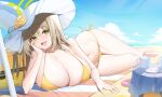  1girl :d absurdres beach beach_towel bikini blonde_hair blue_archive blue_sky breast_rest breasts cleavage cloud cup day elbow_rest flower green_eyes halo hat hat_flower highres huge_breasts long_hair looking_at_viewer lying navel nonomi_(blue_archive) nonomi_(swimsuit)_(blue_archive) ocean on_side open_mouth outdoors rose samart_normal sand side-tie_bikini skindentation sky smile solo stomach strap_gap suitcase sun_hat swimsuit table tablecloth towel twisted_torso white_headwear yellow_bikini yellow_flower yellow_rose 