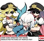  3girls arrest badge belt black_belt black_hair black_shorts blonde_hair blue_hair blue_hoodie breasts cleavage cnn collared_shirt colored_inner_hair crossover earrings fish_tail gawr_gura hair_ornament hat heart heart_hair_ornament highres holding hololive hololive_english hood hoodie jewelry large_breasts long_hair midriff multicolored_hair multiple_girls navel panty_&amp;_stocking_with_garterbelt panty_(psg) pink_hair police police_badge police_hat police_uniform policewoman rakeemspoon shark_print shark_tail sharp_teeth shirt shorts simple_background stocking_(psg) sunglasses suspenders tail teeth timestamp uniform very_long_hair white_background white_eyes white_hair 
