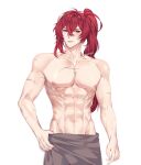  1boy abs diluc_(genshin_impact) genshin_impact hair_between_eyes highres long_hair male_focus muscular muscular_male nipples ponytail red_eyes red_hair rourouki scar scar_on_arm scar_on_chest scar_on_stomach smile towel towel_around_waist 