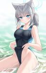 1girl absurdres animal_ear_fluff animal_ears bangs blue_archive blue_eyes blush breasts closed_mouth collarbone grey_hair hair_ornament halo highres large_breasts looking_at_viewer mismatched_pupils one-piece_swimsuit partially_submerged rynzfrancis shiroko_(blue_archive) shiroko_(swimsuit)_(blue_archive) sitting solo swimsuit thighs two-tone_swimsuit water wet 