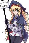  1girl absurdres artoria_caster_(fate) artoria_pendragon_(fate) black_gloves black_legwear blonde_hair bow bowtie buttons double-breasted english_text fate/grand_order fate_(series) gloves green_eyes grey_cloak hair_between_eyes hair_bow hat highres jacket looking_at_viewer pantyhose purple_bow sign solo sweat white_jacket youngmanisdown 