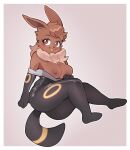  4_fingers anthro black_body black_fur blush breasts brown_body brown_eyes brown_fur brown_hair canid canine chest_tuft clothing costume digital_media_(artwork) eevee eeveelution exposed_breasts feet female fingers fur hair hi_res looking_back mammal nintendo nipples open_mouth pok&eacute;mon pok&eacute;mon_(species) punkinbuu simple_background skinsuit smile solo tight_clothing tuft umbreon umbreon_skinsuit video_games 