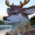  1:1 2021 anthro antlers blurred_background day detailed_background digital_media_(artwork) fur hair hi_res horn male outside purple_eyes sky solo tan_body tan_fur waynlag white_body white_fur 