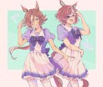  2girls :d animal_ears arm_up arrow_(symbol) black_bow blue_shirt blush bow brown_eyes brown_hair character_name commentary eyepatch frilled_skirt frills grin hair_over_one_eye hand_up horse_ears horse_girl horse_tail long_hair low_ponytail multicolored_hair multiple_girls nirin pleated_skirt ponytail puffy_short_sleeves puffy_sleeves school_uniform shirt short_sleeves skirt smile streaked_hair symbol-only_commentary tail tanino_gimlet_(umamusume) thighhighs tracen_school_uniform two-tone_hair umamusume very_long_hair vodka_(umamusume) white_hair white_legwear white_skirt 