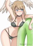  1girl arm_up bangs bikini black_choker blue_eyes breast_squeeze breast_tattoo breasts chascoby choker cleavage eunie_(xenoblade) eyebrows_behind_hair head_wings highres innertube large_breasts long_hair navel solo swimsuit tattoo white_wings wings xenoblade_chronicles_(series) xenoblade_chronicles_3 
