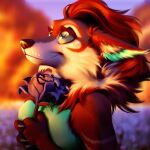  1:1 2021 anthro black_nose blurred_background breasts canid canine canis clothed clothing day detailed_background digital_media_(artwork) domestic_dog female fur hair hi_res mammal outside red_body red_fur red_hair sky smile solo waynlag 