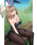  1girl absurdres animal_ears bangs blue_eyes bow bowtie breast_tattoo breasts choker cleavage eunie_(xenoblade) hand_on_own_chest head_wings highres large_breasts legband looking_at_viewer playboy_bunny rabbit_ears solo succducc888 tattoo white_wings wings xenoblade_chronicles_(series) xenoblade_chronicles_3 