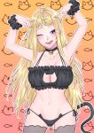  1girl absurdres ass_visible_through_thighs bell black_bra black_choker black_panties black_thighhighs blonde_hair blush bra breasts cat_cutout choker cleavage clothing_cutout collarbone dosanko_gyaru_wa_namaramenkoi fuyuki_minami hair_behind_ear highres ikada_kai large_breasts long_hair neck_bell one_eye_closed panties purple_eyes solo thighhighs tongue tongue_out underwear v very_long_hair 