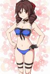  1girl absurdres alternate_costume bikini black_gloves blue_bikini blush bow breasts brown_hair choker cleavage collarbone commission cosplay cowboy_shot drill_hair gloves gradient gradient_background hair_between_eyes hair_bow harukaze_(kancolle) highres johnston_(kancolle) johnston_(kancolle)_(cosplay) kanmiya_shinobu kantai_collection long_hair medium_breasts navel pink_background red_bow red_eyes single_glove skeb_commission smile solo swimsuit twin_drills united_states_medal_of_honor 