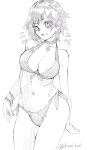  1girl arm_behind_head bikini blush bracelet breasts choker cleavage front-tie_top greyscale highres jewelry looking_at_viewer medium_breasts monochrome multiple_bracelets navel ruby_rose rwby short_hair shure_(rainround) side-tie_bikini sketch smile solo swimsuit twitter_username white_background 