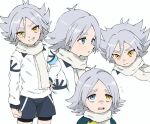  1boy antenna_hair blue_eyes closed_mouth fubuki_shirou grey_background grey_scarf hair_between_eyes hand_on_hip heterochromia inazuma_eleven_(series) male_focus open_mouth scarf simple_background smile spiked_hair sweat sweating_profusely teeth tomei_00 upper_teeth yellow_eyes 