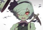  1girl absurdres bangs black_bow black_bowtie black_hairband bow bow_hairband bowtie collared_shirt commentary_request cookie_(touhou) green_vest hair_between_eyes hair_over_one_eye hairband highres konpaku_youmu looking_at_viewer open_mouth pickaxe red_eyes shirt short_hair simple_background solo touhou upper_body vest white_background white_hair white_shirt wind youmu-kun zerukalo_(cookie) 