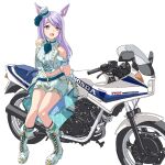  1girl :d animal_ears bangs bare_shoulders boots brand-new_friend_(umamusume) cross-laced_footwear hal-py hat horse_ears horse_girl lace-up_boots long_hair looking_at_viewer looking_to_the_side mejiro_mcqueen_(end_of_sky)_(umamusume) mejiro_mcqueen_(umamusume) mini_hat official_alternate_costume purple_eyes purple_hair simple_background smile solo swept_bangs umamusume white_background white_headwear white_legwear 