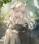  1girl absurdres animal_ears arknights black_dress day dress feet_out_of_frame finger_to_mouth flower hair_flower hair_ornament hand_up heavyrain_(arknights) heavyrain_(tranquil_moss)_(arknights) highres horse_ears horse_girl knees_up long_hair official_alternate_costume outdoors pantyhose plant purple_eyes shushing sitting solo sybilking white_flower white_pantyhose 