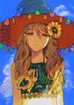  1girl absurdres bangs bare_shoulders blue_headwear blue_sky brown_eyes brown_hair cloud collarbone commentary_request day hair_between_eyes halter_top halterneck hat highres long_hair looking_at_viewer original outdoors parted_lips qooo003 sky solo summer upper_body witch_hat 
