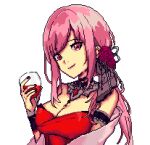  1girl alcohol animated animated_gif blush breasts cleavage collarbone cup dress drinking_glass eevz flower hololive hololive_english large_breasts long_hair looking_at_viewer lowres mori_calliope official_alternate_costume pink_eyes pink_hair pixel_art red_dress smile transparent_background virtual_youtuber wine wine_glass 