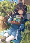  1girl :t ahoge bangs bento black_hair blue_archive blue_serafuku blue_shirt blue_skirt blush chopsticks closed_mouth commentary_request day eating feet_out_of_frame green_neckerchief headgear highres hirokazu_(analysis-depth) holding holding_chopsticks knee_pads knees_together_feet_apart leaf leaf_on_head long_hair looking_at_viewer miyu_(blue_archive) neckerchief outdoors pantyhose pleated_skirt red_eyes rice sailor_collar school_uniform serafuku shirt skirt solo sweat very_long_hair white_legwear white_sailor_collar 