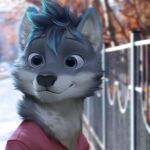  1:1 2021 anthro blue_eyes blue_hair blurred_background canid canine canis clothed clothing digital_media_(artwork) domestic_dog fur grey_body grey_fur hair hi_res male mammal smile solo waynlag whiskers 