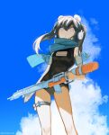  1girl absurdres black_hair black_swimsuit blue_scarf chinese_commentary cloud dong_mei_(kentung) grey_eyes headphones highres holding holding_water_gun inflatable_armbands one-piece_swimsuit original qia_li scarf sky solo swimsuit thigh_strap twintails water_gun 