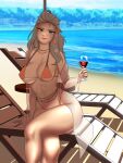  1girl absurdres alcohol beach beads belly_chain bikini blonde_hair blue_eyes breasts cup drinking drinking_glass highres jewelry large_breasts looking_at_viewer melkcoffee pokemon pokemon_(game) pokemon_sv sada_(pokemon) self_upload simple_background smile solo swimsuit wine wine_glass 
