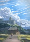  1girl absurdres backpack bag brush_stroke building cloud cloudy_sky commentary_request day from_behind grass highres kake_(kakelele) original outdoors pleated_skirt power_lines road running scenery school_uniform skirt sky skyscraper solo wide_shot wooden_wall 