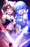  2girls :d absurdres animal_ears bangs blue_bow blue_bowtie blue_eyes blue_hair blue_ribbon bow bowtie braid brown_hair commission cowboy_shot dog_ears dog_hair_ornament dress hair_ornament hair_ribbon hand_up heterochromia highres hololive hololive_idol_uniform hoshimachi_suisei idol_clothes inui_toko jacket long_hair long_sleeves looking_at_viewer multiple_girls nijisanji official_alternate_costume open_clothes open_jacket open_mouth pointing red_eyes ribbon shinomiya_shino_(sinosino141) side_ponytail signature skeb_commission smile standing virtual_youtuber yellow_eyes 