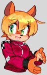  5_fingers anthro black_nose blonde_hair blush clothed clothing female fingers fur green_eyes grey_background hair jacket open_mouth open_smile orange_body orange_fur short_hair simple_background smile solo species_request topwear wamudraws 