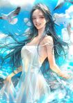  1girl bird black_eyes black_hair blurry blush bubble clothes_lift cloud cloudy_sky day ddolddo88 dress dress_lift flying highres in_water light long_dress long_hair looking_to_the_side no_sl ocean sky smile solo teeth water wet wet_clothes 